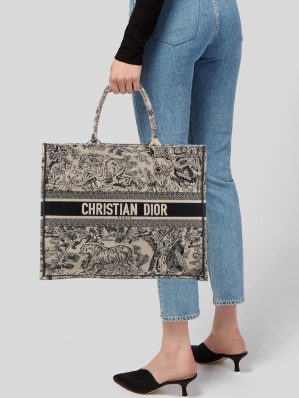 Authentic Christian Dior de jouy embroidery Black Toile large book Tote